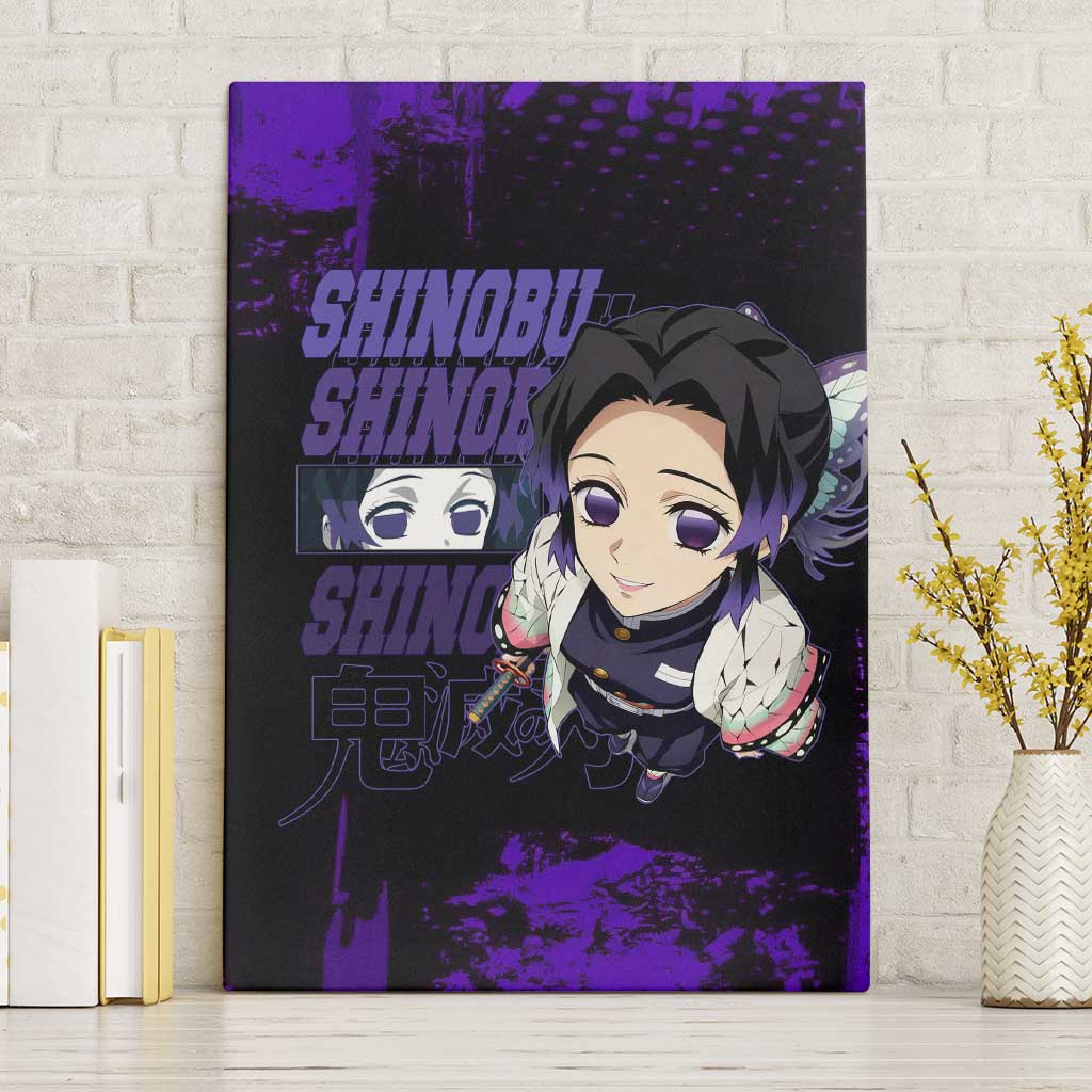 Shinobu Kocho Demon Slayer Purple Grunge Design Canvas Wall Art with Butterfly Theme and Calm Expression - The Mazicc