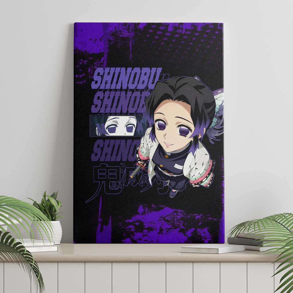 Shinobu Kocho Demon Slayer Purple Grunge Design Canvas Wall Art with Butterfly Theme and Calm Expression - The Mazicc