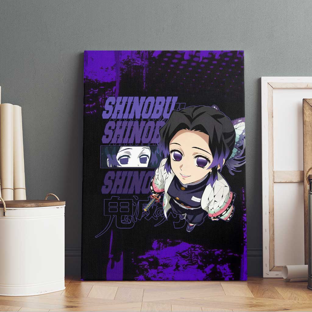 Shinobu Kocho Demon Slayer Purple Grunge Design Canvas Wall Art with Butterfly Theme and Calm Expression - The Mazicc