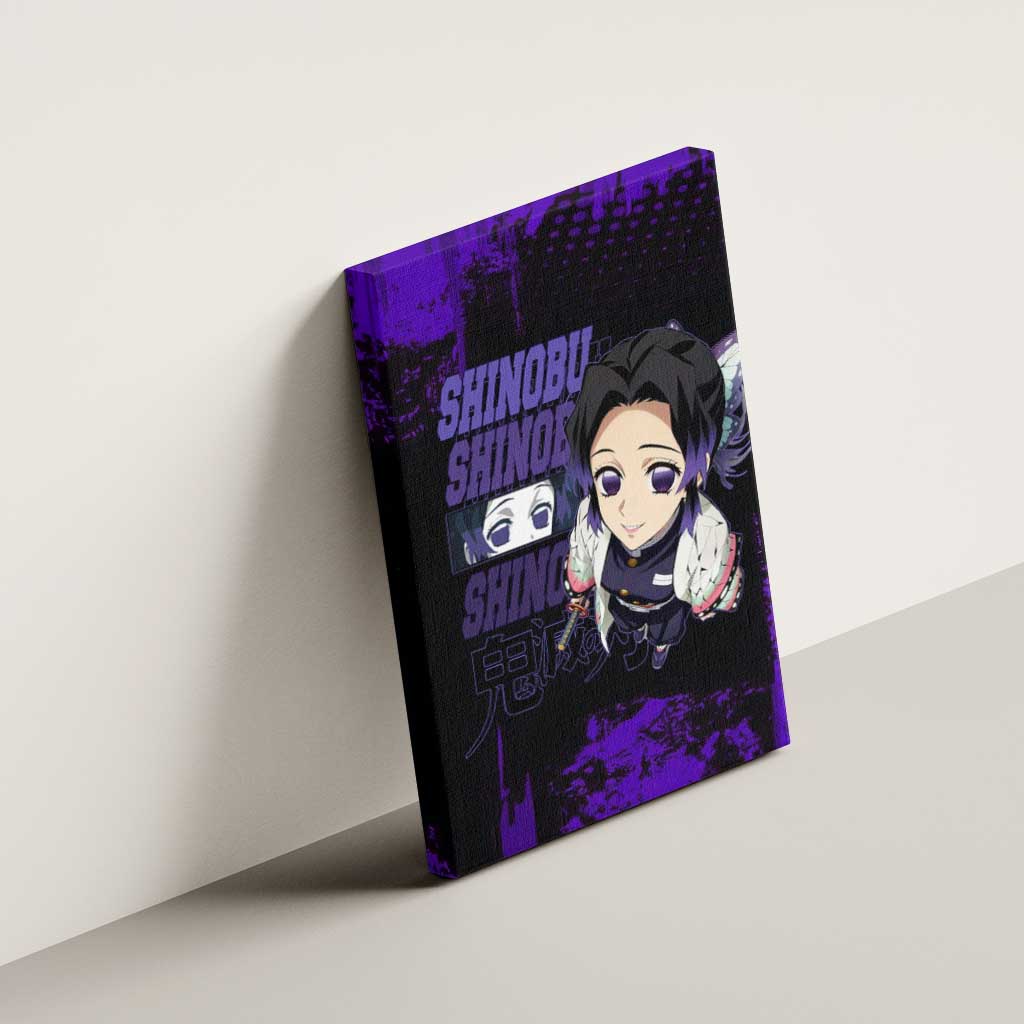 Shinobu Kocho Demon Slayer Purple Grunge Design Canvas Wall Art with Butterfly Theme and Calm Expression - The Mazicc