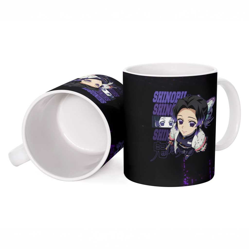 Shinobu Kocho Demon Slayer Purple Grunge Design Ceramic Mug with Butterfly Theme and Calm Expression - The Mazicc