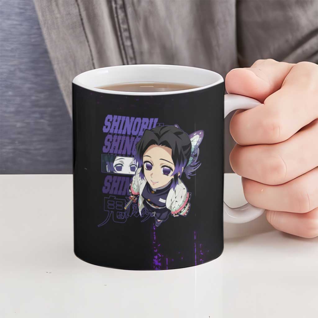 Shinobu Kocho Demon Slayer Purple Grunge Design Ceramic Mug with Butterfly Theme and Calm Expression - The Mazicc