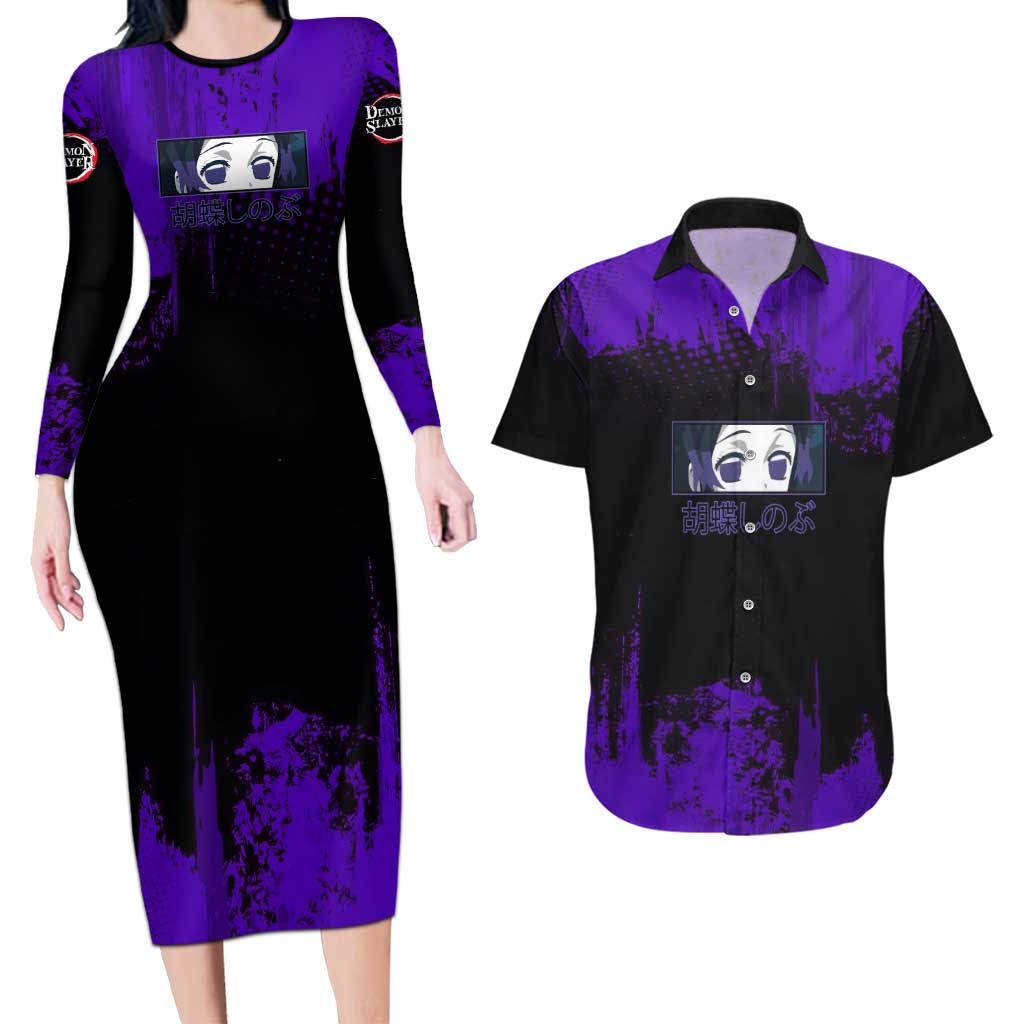 Shinobu Kocho Demon Slayer Purple Grunge Design Couples Matching Long Sleeve Bodycon Dress and Hawaiian Shirt with Butterfly Theme and Calm Expression - The Mazicc