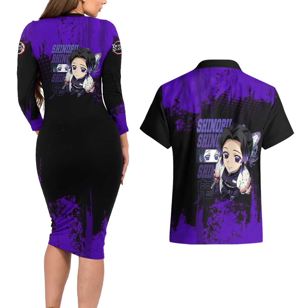 Shinobu Kocho Demon Slayer Purple Grunge Design Couples Matching Long Sleeve Bodycon Dress and Hawaiian Shirt with Butterfly Theme and Calm Expression - The Mazicc