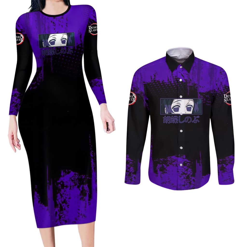 Shinobu Kocho Demon Slayer Purple Grunge Design Couples Matching Long Sleeve Bodycon Dress and Long Sleeve Button Shirt with Butterfly Theme and Calm Expression - The Mazicc