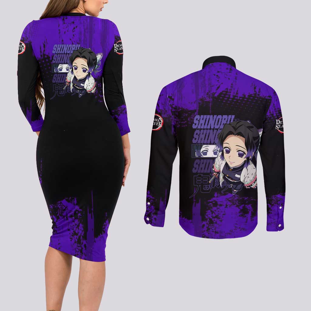 Shinobu Kocho Demon Slayer Purple Grunge Design Couples Matching Long Sleeve Bodycon Dress and Long Sleeve Button Shirt with Butterfly Theme and Calm Expression - The Mazicc