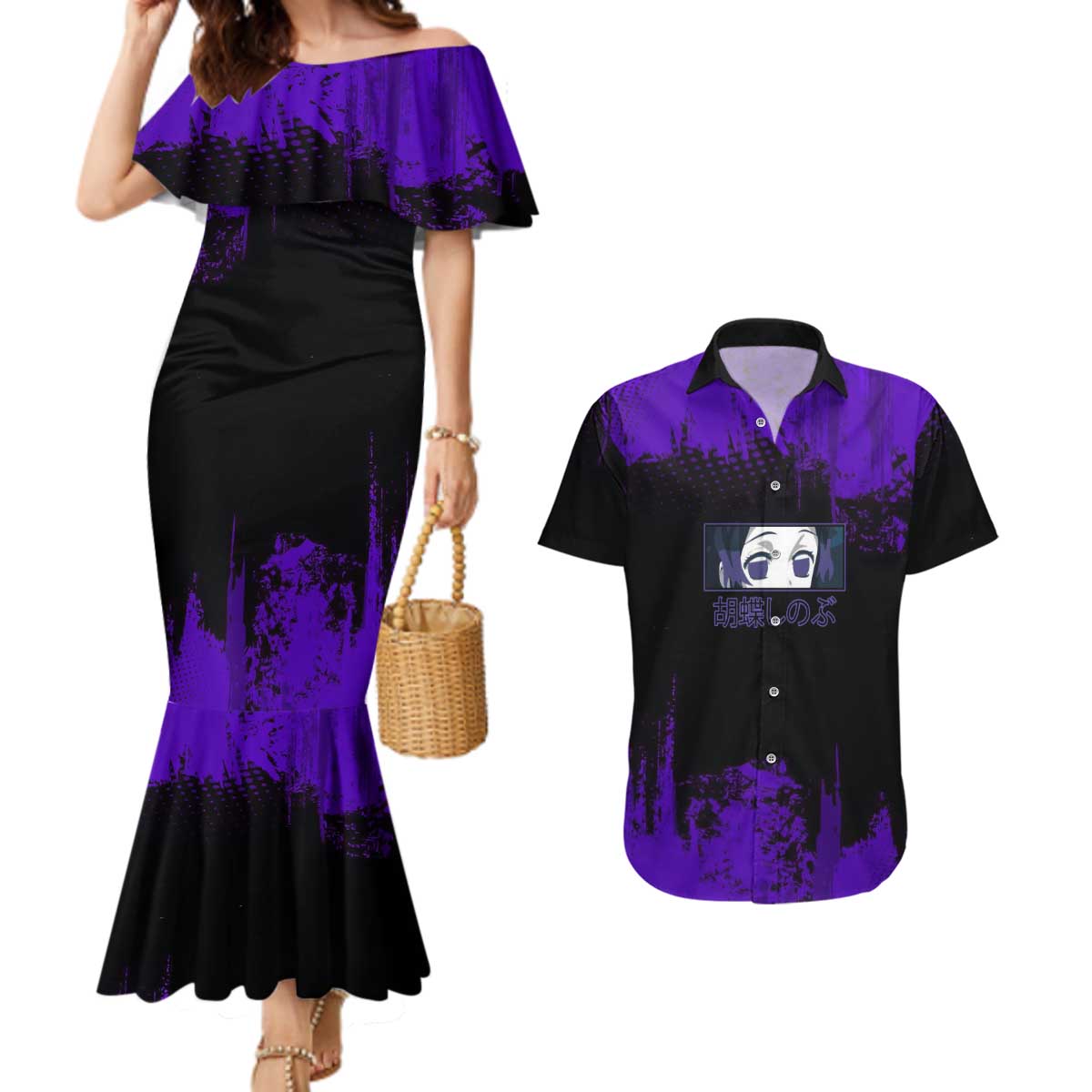 Shinobu Kocho Demon Slayer Purple Grunge Design Couples Matching Mermaid Dress and Hawaiian Shirt with Butterfly Theme and Calm Expression - The Mazicc
