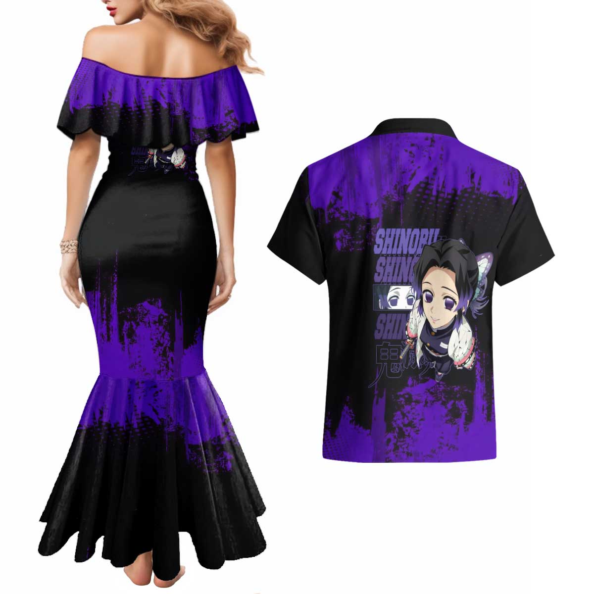 Shinobu Kocho Demon Slayer Purple Grunge Design Couples Matching Mermaid Dress and Hawaiian Shirt with Butterfly Theme and Calm Expression - The Mazicc