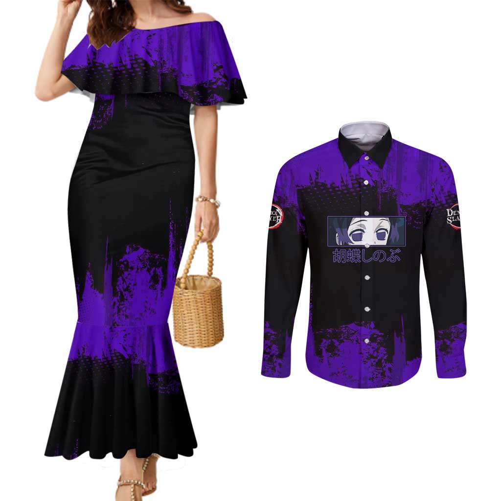 Shinobu Kocho Demon Slayer Purple Grunge Design Couples Matching Mermaid Dress and Long Sleeve Button Shirt with Butterfly Theme and Calm Expression - The Mazicc