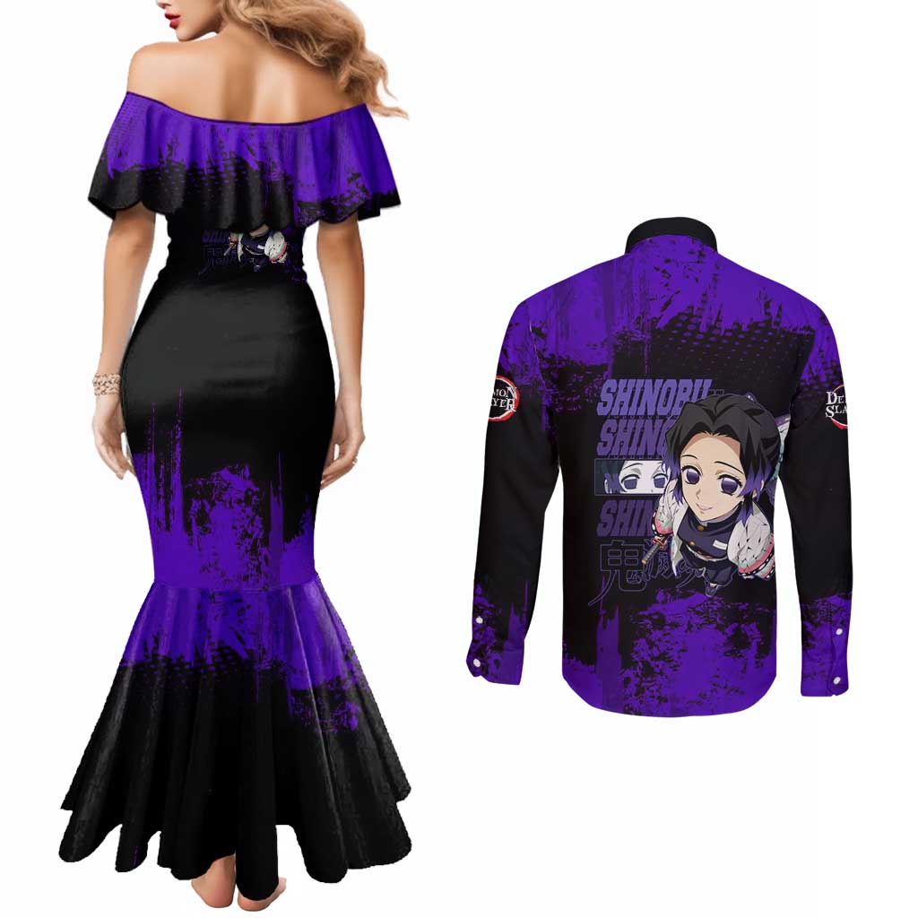 Shinobu Kocho Demon Slayer Purple Grunge Design Couples Matching Mermaid Dress and Long Sleeve Button Shirt with Butterfly Theme and Calm Expression - The Mazicc