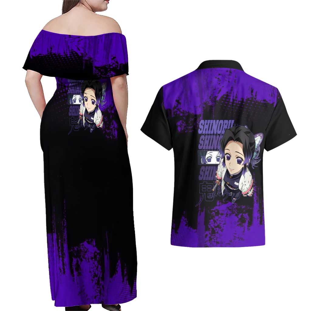Shinobu Kocho Demon Slayer Purple Grunge Design Couples Matching Off Shoulder Maxi Dress and Hawaiian Shirt with Butterfly Theme and Calm Expression - The Mazicc