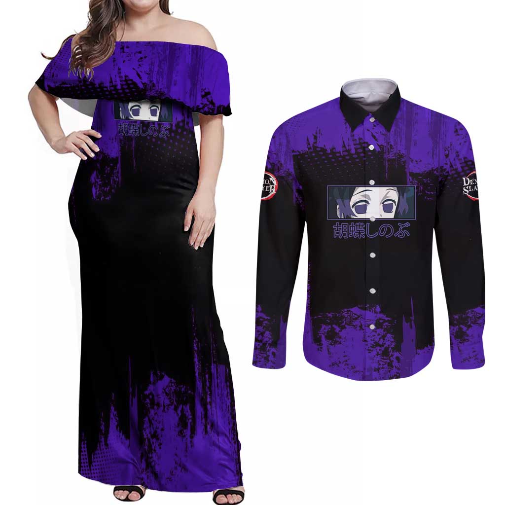 Shinobu Kocho Demon Slayer Purple Grunge Design Couples Matching Off Shoulder Maxi Dress and Long Sleeve Button Shirt with Butterfly Theme and Calm Expression - The Mazicc