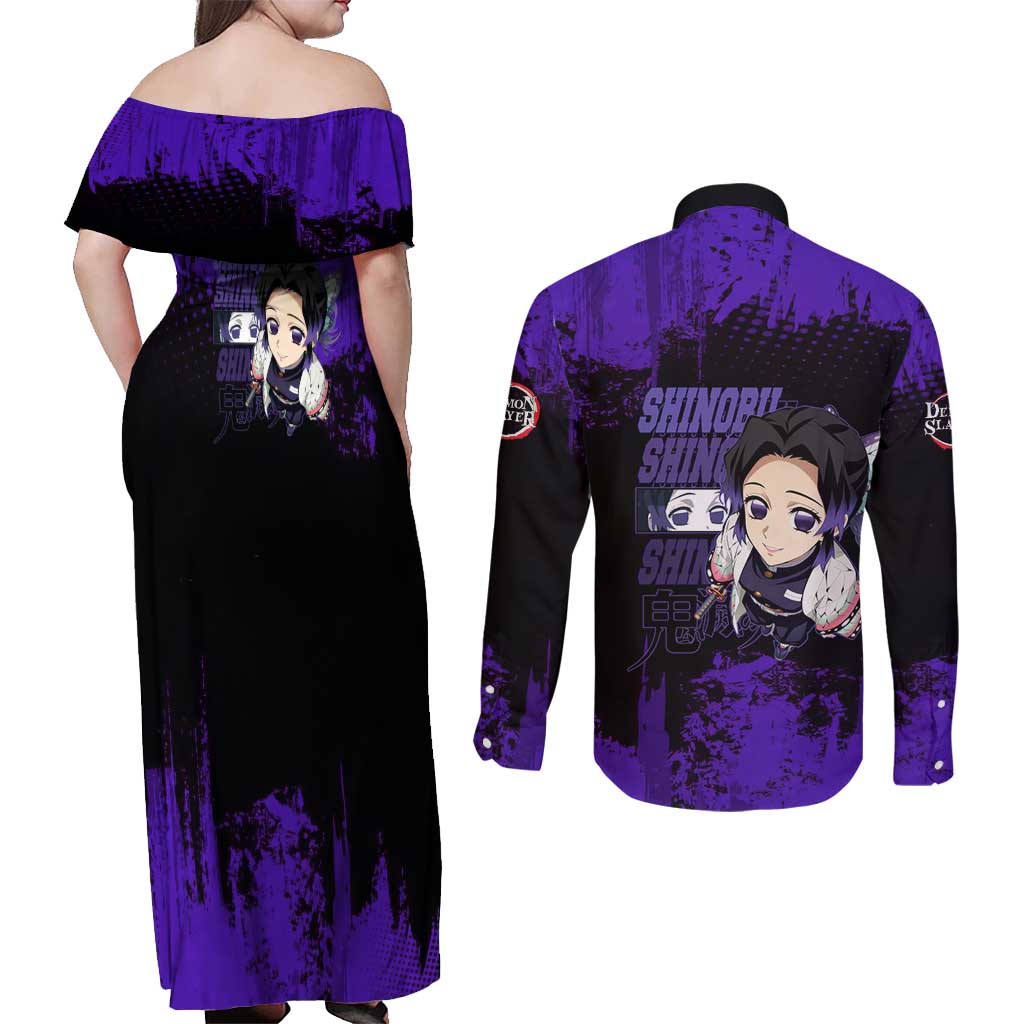 Shinobu Kocho Demon Slayer Purple Grunge Design Couples Matching Off Shoulder Maxi Dress and Long Sleeve Button Shirt with Butterfly Theme and Calm Expression - The Mazicc