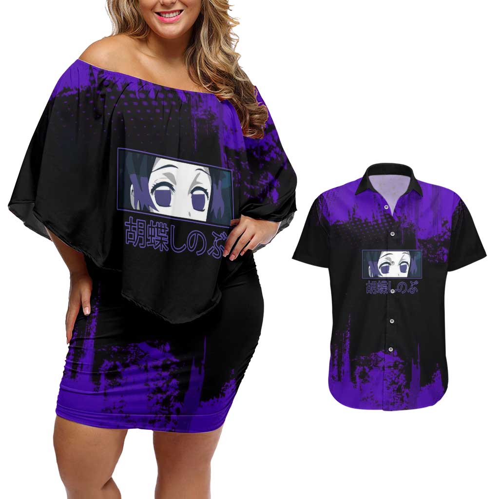 Shinobu Kocho Demon Slayer Purple Grunge Design Couples Matching Off Shoulder Short Dress and Hawaiian Shirt with Butterfly Theme and Calm Expression - The Mazicc