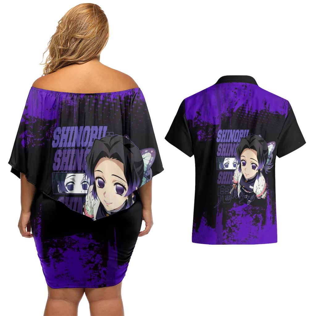 Shinobu Kocho Demon Slayer Purple Grunge Design Couples Matching Off Shoulder Short Dress and Hawaiian Shirt with Butterfly Theme and Calm Expression - The Mazicc