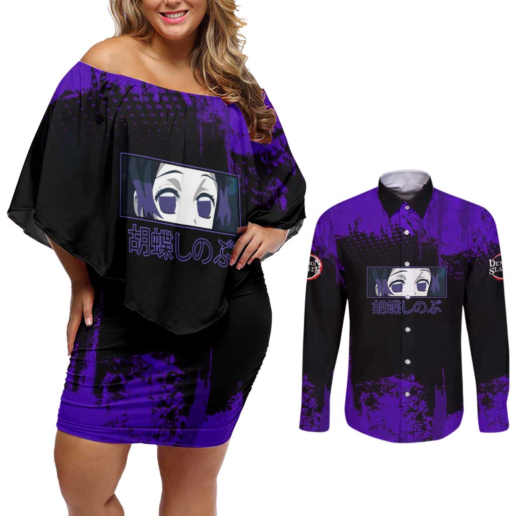Shinobu Kocho Demon Slayer Purple Grunge Design Couples Matching Off Shoulder Short Dress and Long Sleeve Button Shirt with Butterfly Theme and Calm Expression - The Mazicc