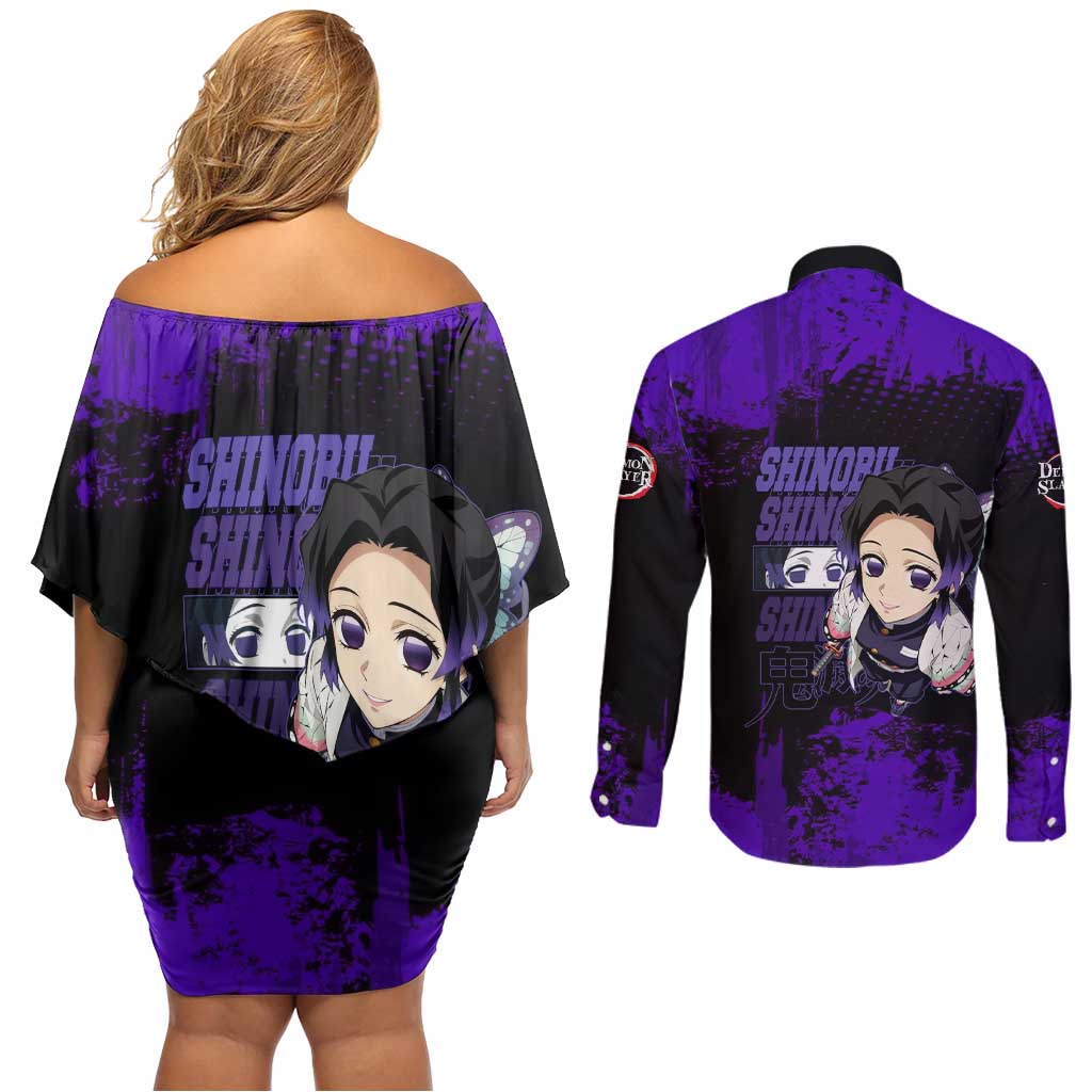 Shinobu Kocho Demon Slayer Purple Grunge Design Couples Matching Off Shoulder Short Dress and Long Sleeve Button Shirt with Butterfly Theme and Calm Expression - The Mazicc