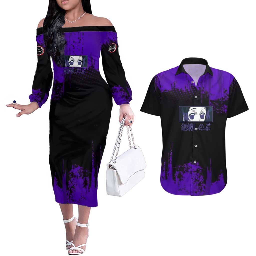Shinobu Kocho Demon Slayer Purple Grunge Design Couples Matching Off The Shoulder Long Sleeve Dress and Hawaiian Shirt with Butterfly Theme and Calm Expression - The Mazicc