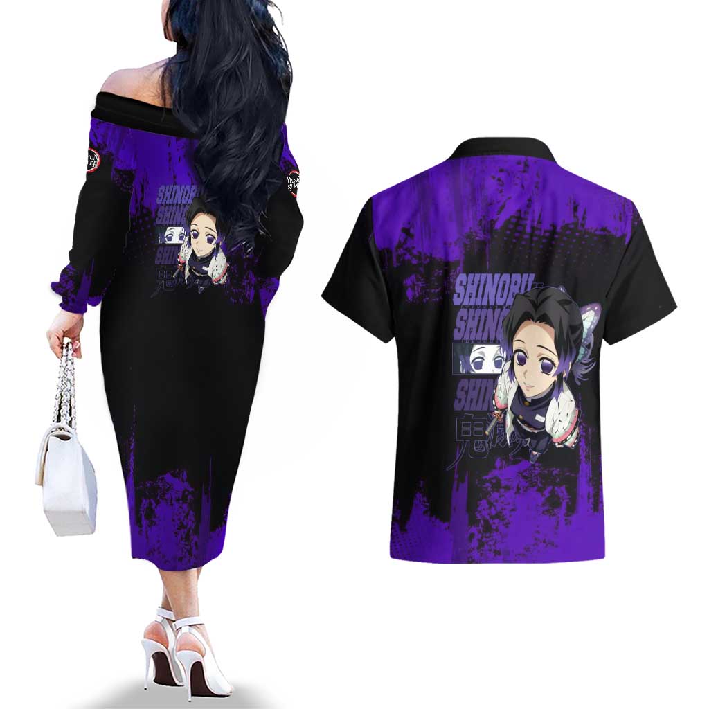 Shinobu Kocho Demon Slayer Purple Grunge Design Couples Matching Off The Shoulder Long Sleeve Dress and Hawaiian Shirt with Butterfly Theme and Calm Expression - The Mazicc