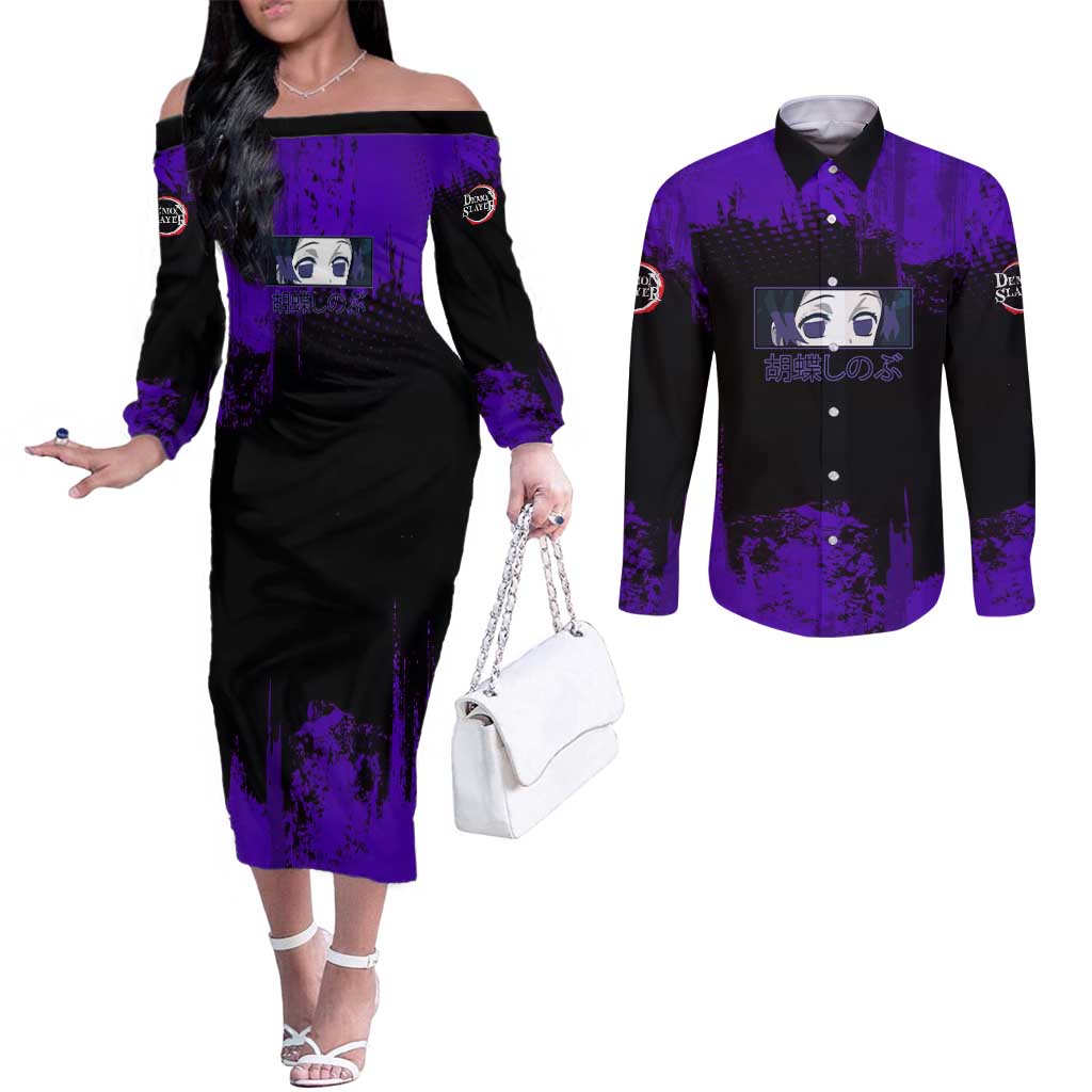 Shinobu Kocho Demon Slayer Purple Grunge Design Couples Matching Off The Shoulder Long Sleeve Dress and Long Sleeve Button Shirt with Butterfly Theme and Calm Expression - The Mazicc