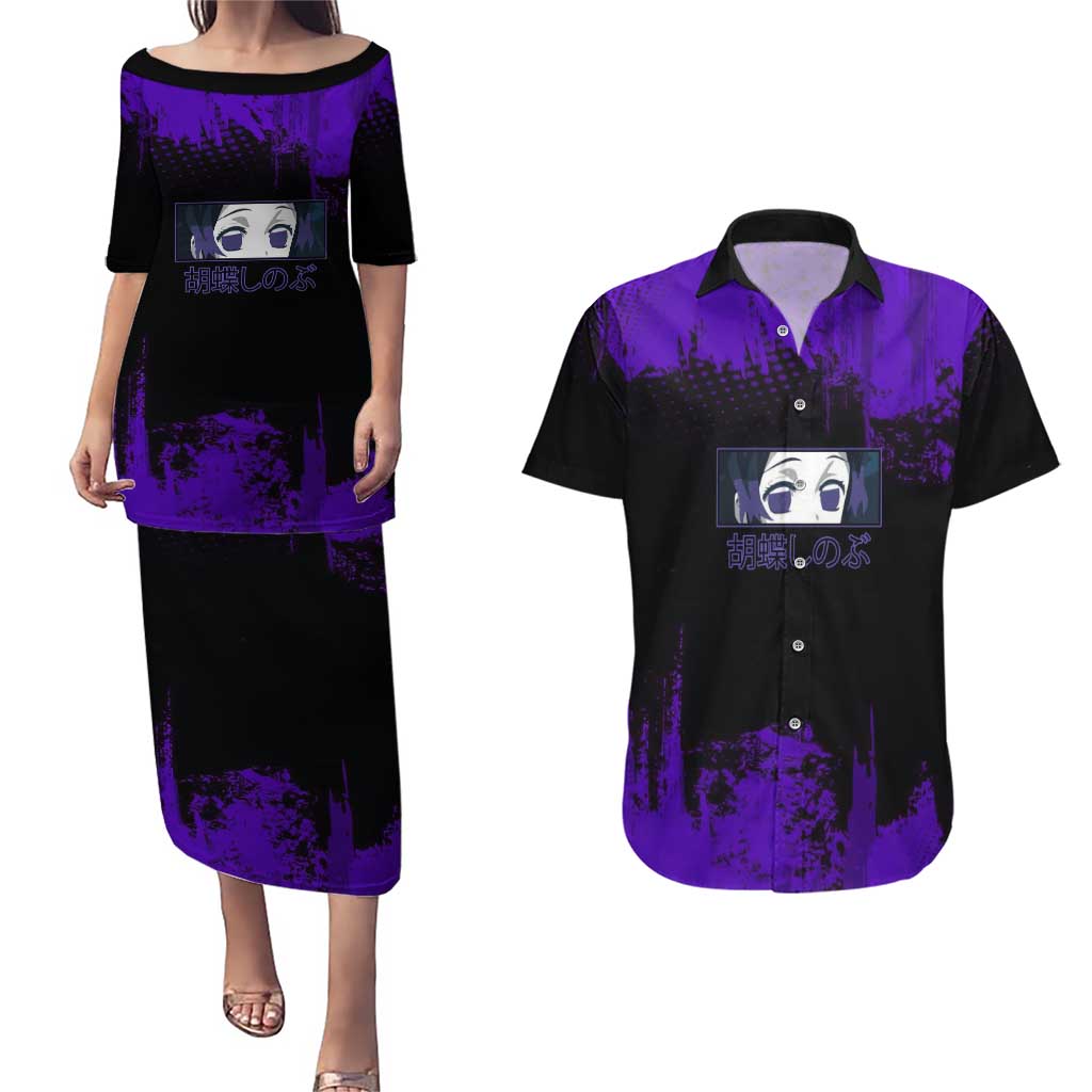 Shinobu Kocho Demon Slayer Purple Grunge Design Couples Matching Puletasi and Hawaiian Shirt with Butterfly Theme and Calm Expression - The Mazicc