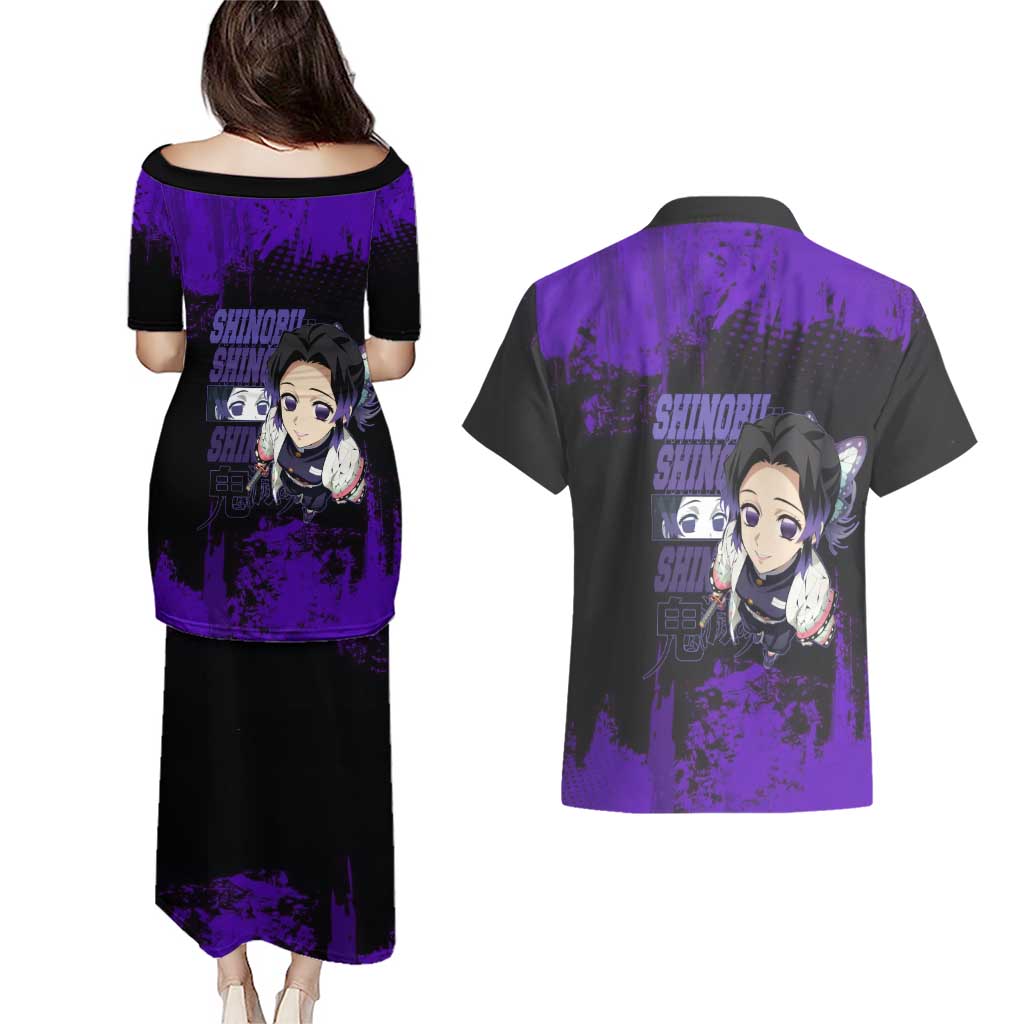 Shinobu Kocho Demon Slayer Purple Grunge Design Couples Matching Puletasi and Hawaiian Shirt with Butterfly Theme and Calm Expression - The Mazicc