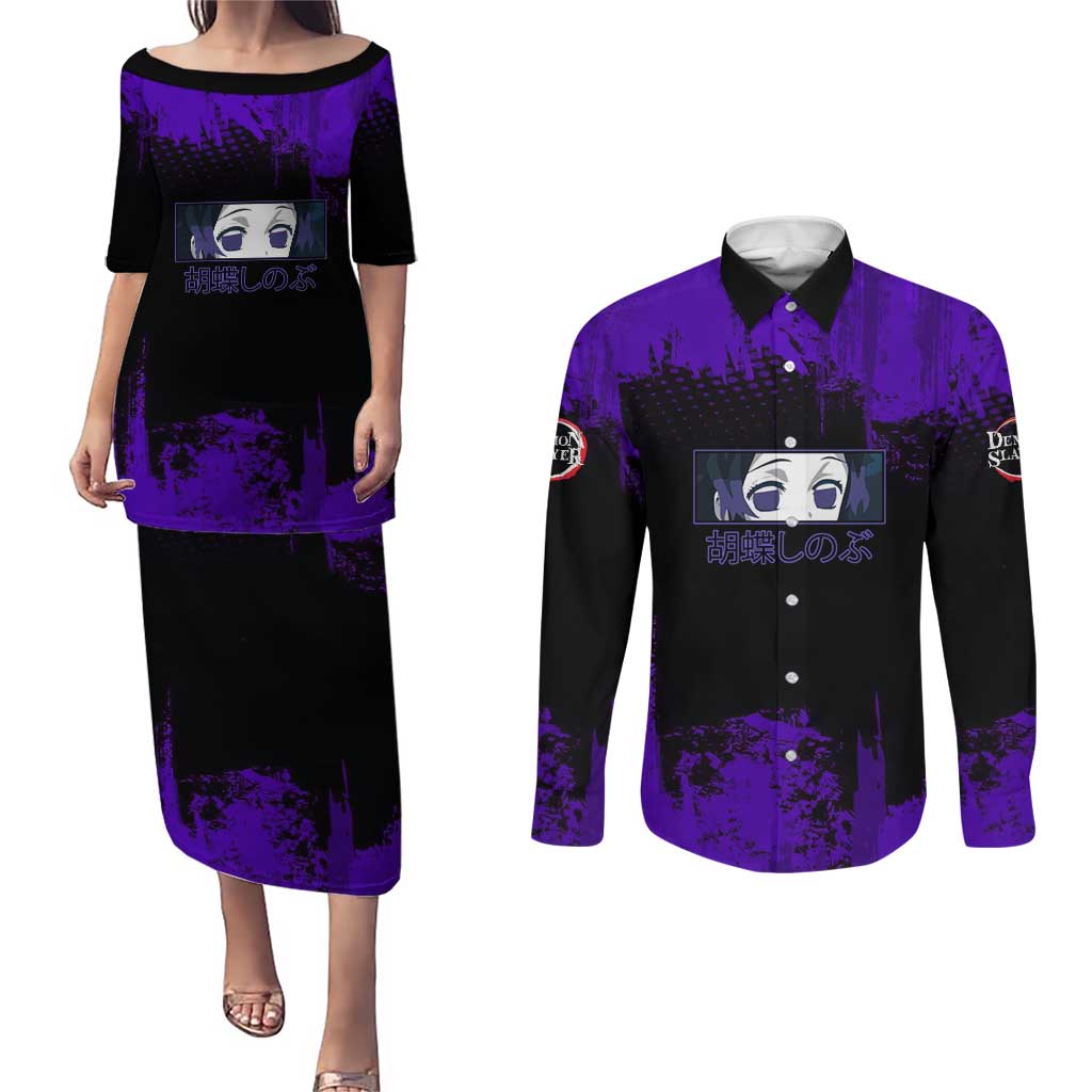 Shinobu Kocho Demon Slayer Purple Grunge Design Couples Matching Puletasi and Long Sleeve Button Shirt with Butterfly Theme and Calm Expression - The Mazicc