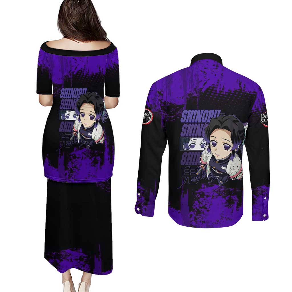 Shinobu Kocho Demon Slayer Purple Grunge Design Couples Matching Puletasi and Long Sleeve Button Shirt with Butterfly Theme and Calm Expression - The Mazicc