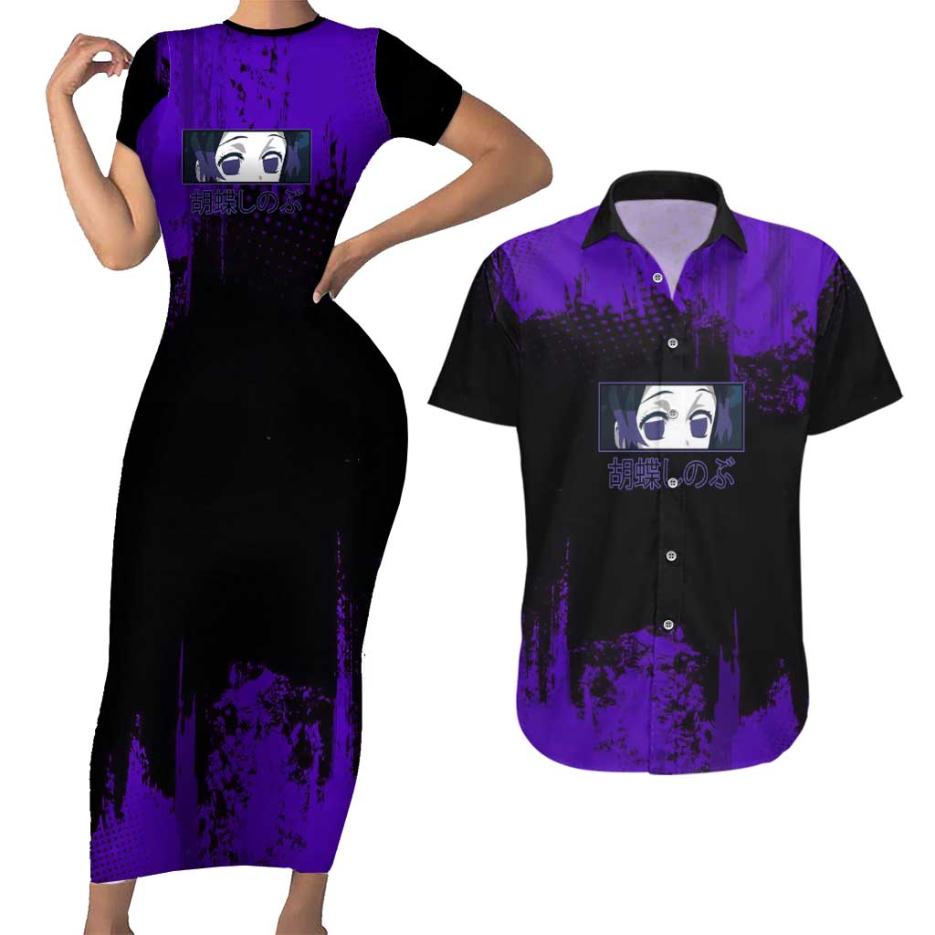 Shinobu Kocho Demon Slayer Purple Grunge Design Couples Matching Short Sleeve Bodycon Dress and Hawaiian Shirt with Butterfly Theme and Calm Expression - The Mazicc