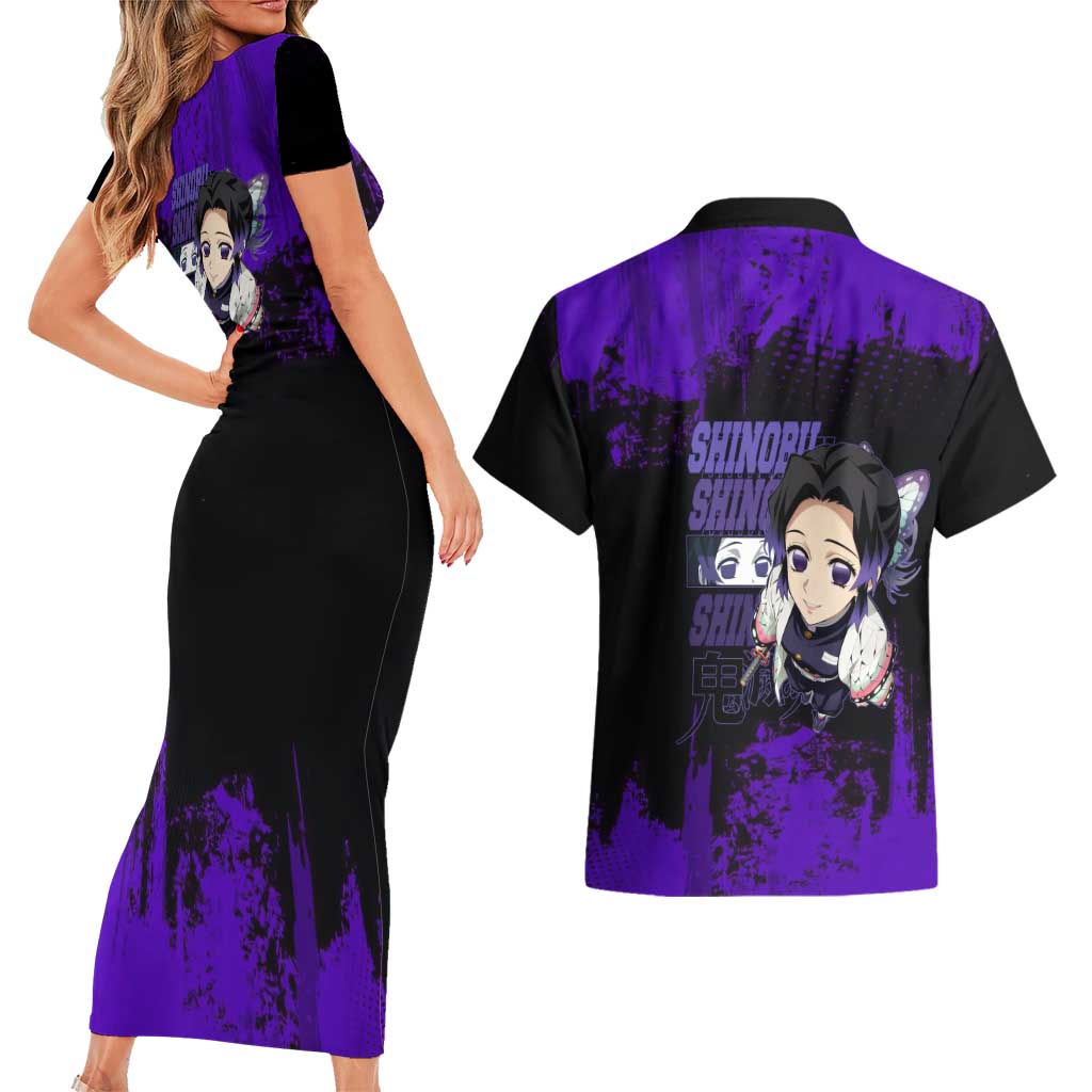 Shinobu Kocho Demon Slayer Purple Grunge Design Couples Matching Short Sleeve Bodycon Dress and Hawaiian Shirt with Butterfly Theme and Calm Expression - The Mazicc