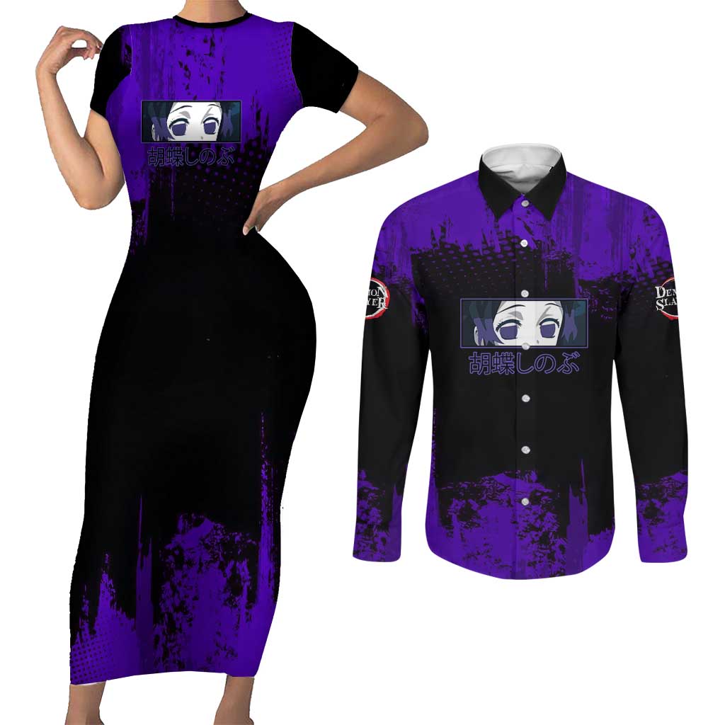 Shinobu Kocho Demon Slayer Purple Grunge Design Couples Matching Short Sleeve Bodycon Dress and Long Sleeve Button Shirt with Butterfly Theme and Calm Expression - The Mazicc