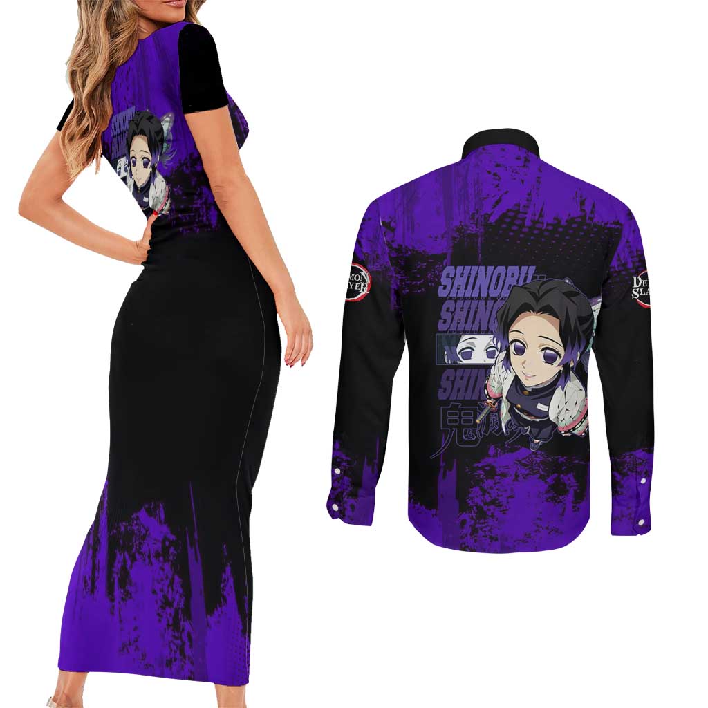 Shinobu Kocho Demon Slayer Purple Grunge Design Couples Matching Short Sleeve Bodycon Dress and Long Sleeve Button Shirt with Butterfly Theme and Calm Expression - The Mazicc