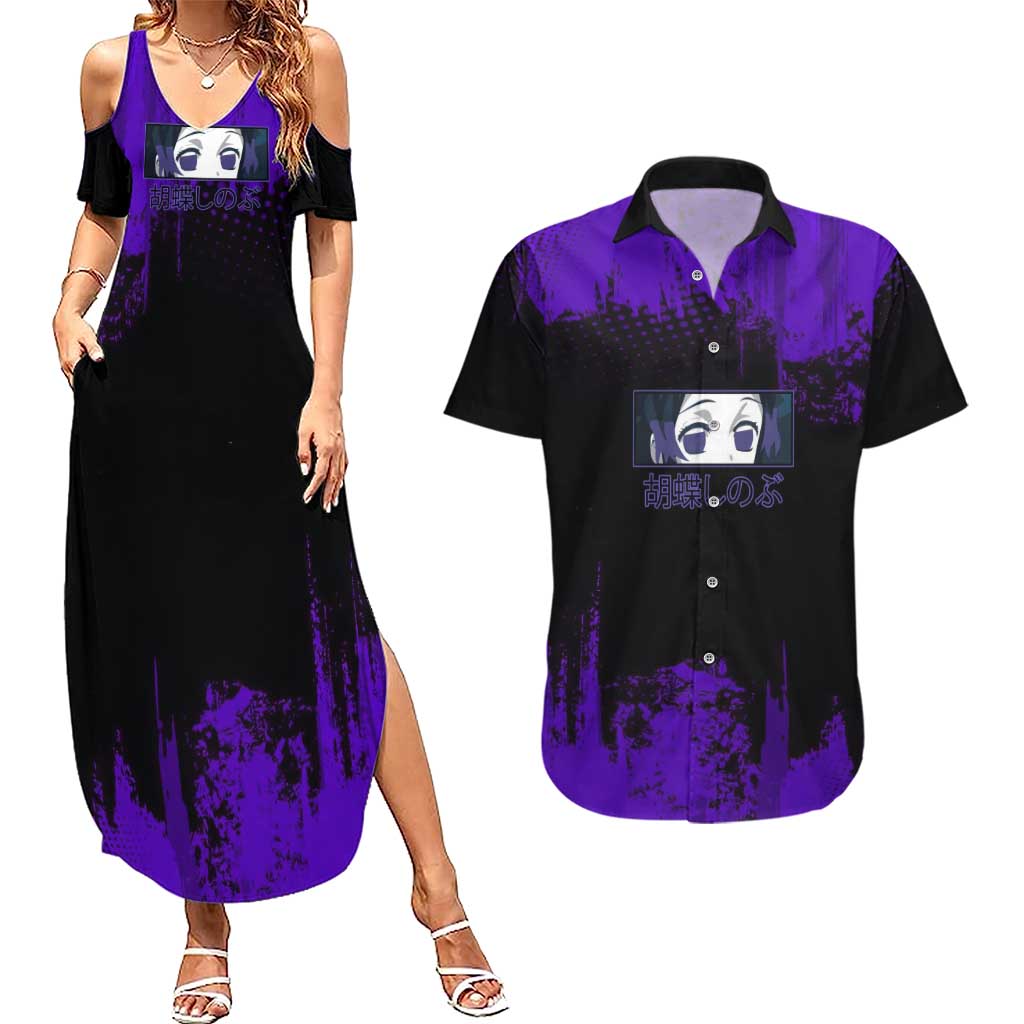 Shinobu Kocho Demon Slayer Purple Grunge Design Couples Matching Summer Maxi Dress and Hawaiian Shirt with Butterfly Theme and Calm Expression - The Mazicc