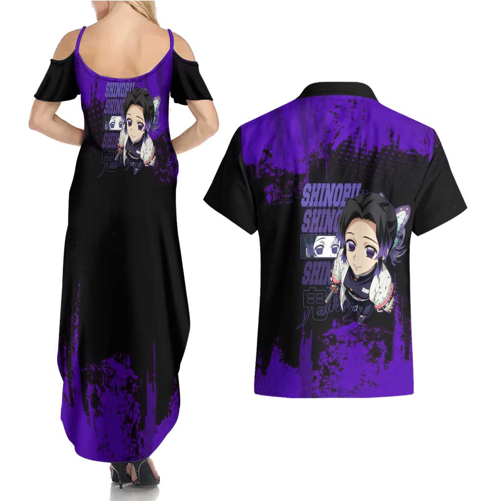 Shinobu Kocho Demon Slayer Purple Grunge Design Couples Matching Summer Maxi Dress and Hawaiian Shirt with Butterfly Theme and Calm Expression - The Mazicc