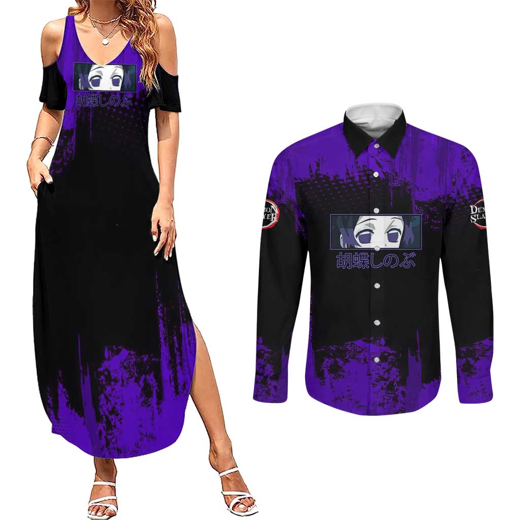 Shinobu Kocho Demon Slayer Purple Grunge Design Couples Matching Summer Maxi Dress and Long Sleeve Button Shirt with Butterfly Theme and Calm Expression - The Mazicc