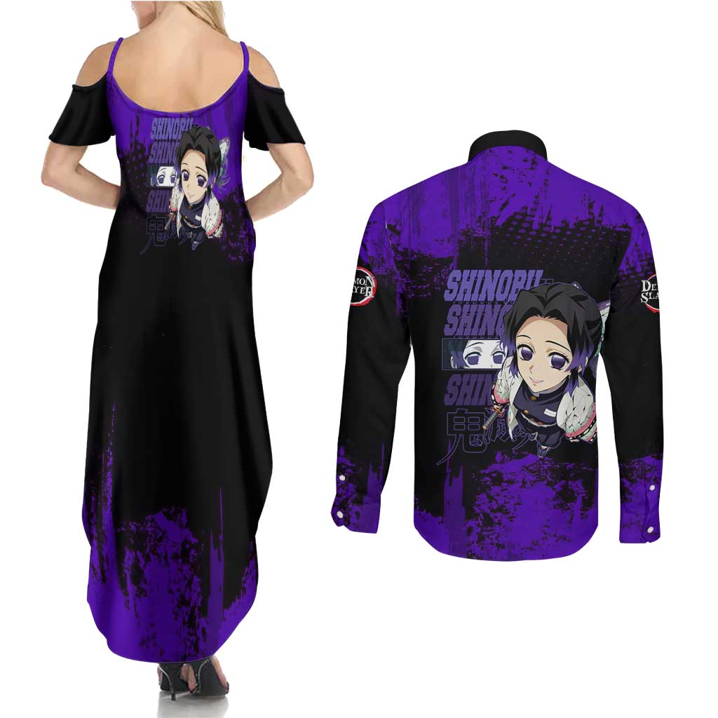 Shinobu Kocho Demon Slayer Purple Grunge Design Couples Matching Summer Maxi Dress and Long Sleeve Button Shirt with Butterfly Theme and Calm Expression - The Mazicc