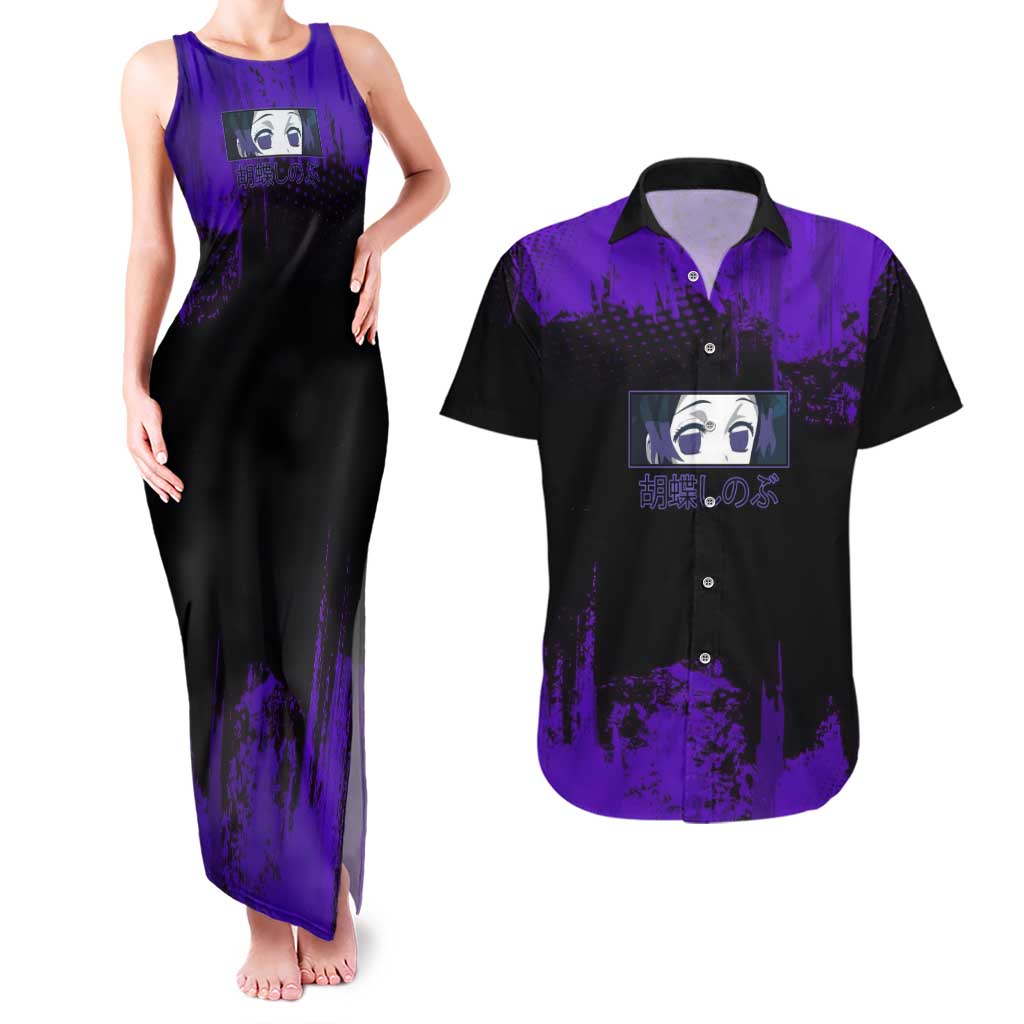 Shinobu Kocho Demon Slayer Purple Grunge Design Couples Matching Tank Maxi Dress and Hawaiian Shirt with Butterfly Theme and Calm Expression - The Mazicc