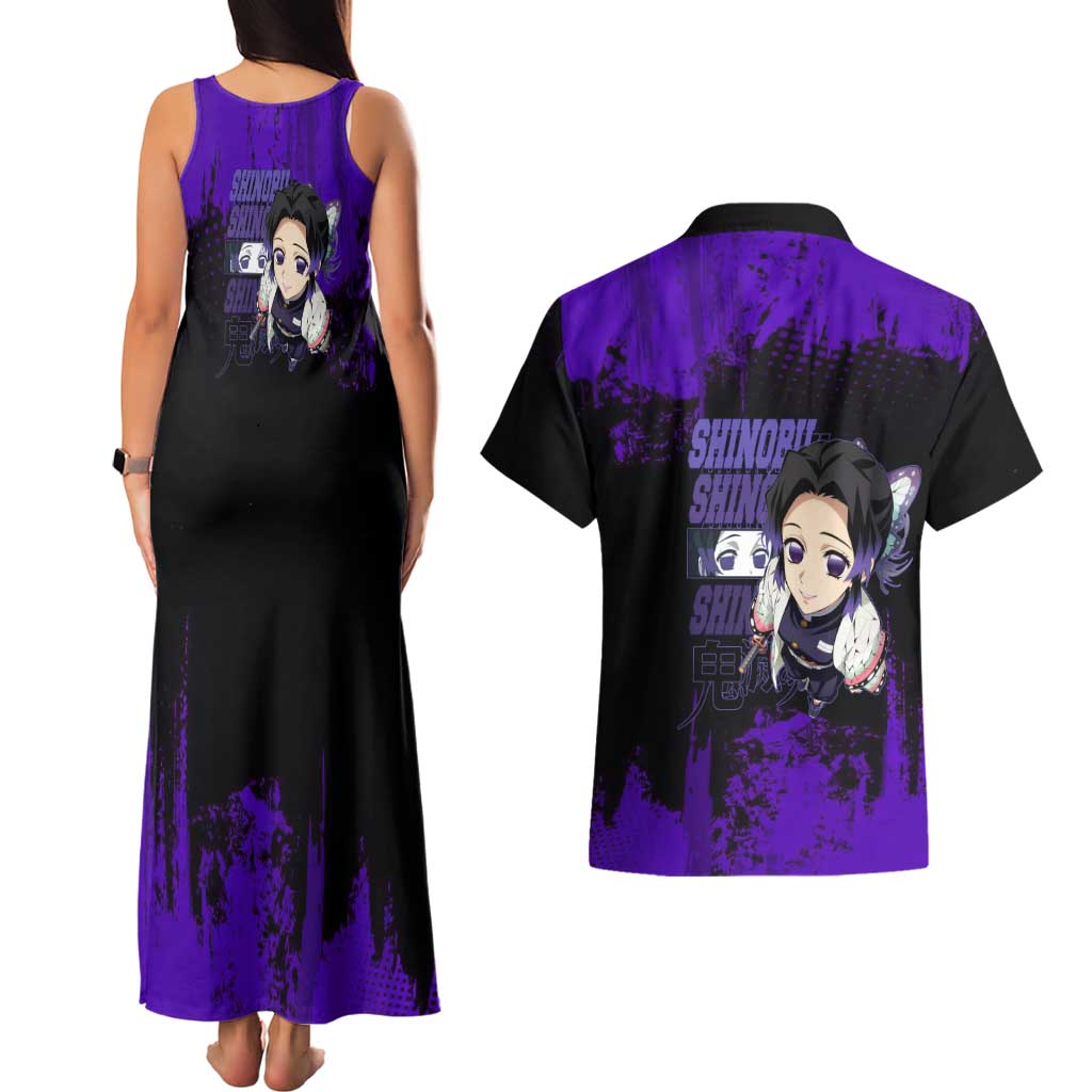 Shinobu Kocho Demon Slayer Purple Grunge Design Couples Matching Tank Maxi Dress and Hawaiian Shirt with Butterfly Theme and Calm Expression - The Mazicc