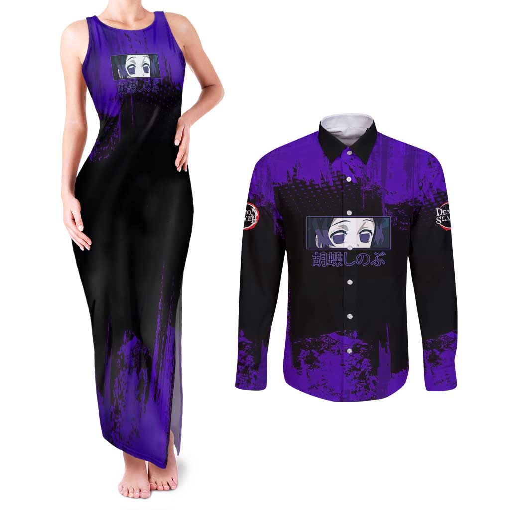 Shinobu Kocho Demon Slayer Purple Grunge Design Couples Matching Tank Maxi Dress and Long Sleeve Button Shirt with Butterfly Theme and Calm Expression - The Mazicc