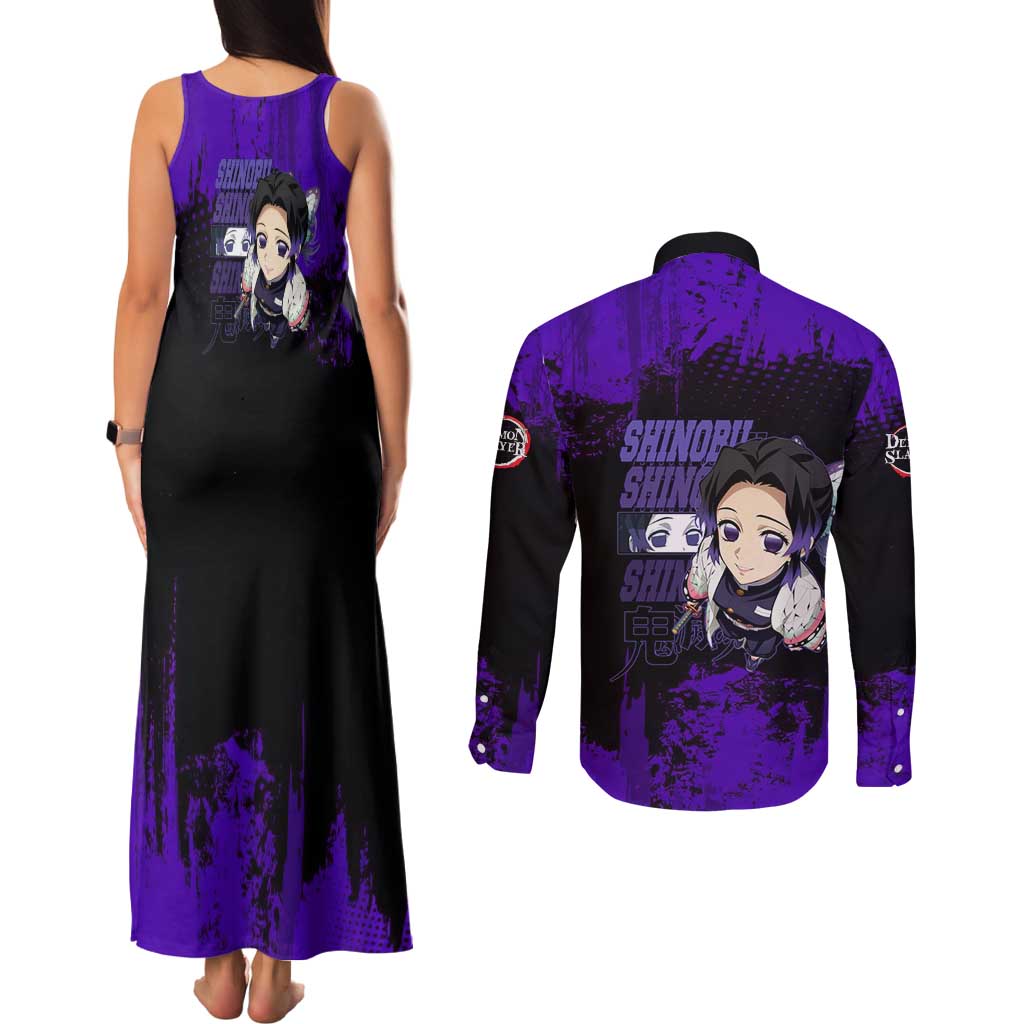 Shinobu Kocho Demon Slayer Purple Grunge Design Couples Matching Tank Maxi Dress and Long Sleeve Button Shirt with Butterfly Theme and Calm Expression - The Mazicc