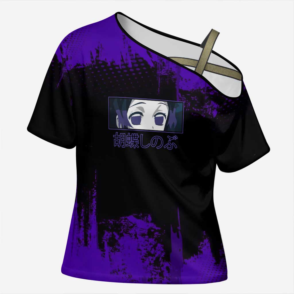 Shinobu Kocho Demon Slayer Purple Grunge Design Cross Shoulder Shirt with Butterfly Theme and Calm Expression - The Mazicc