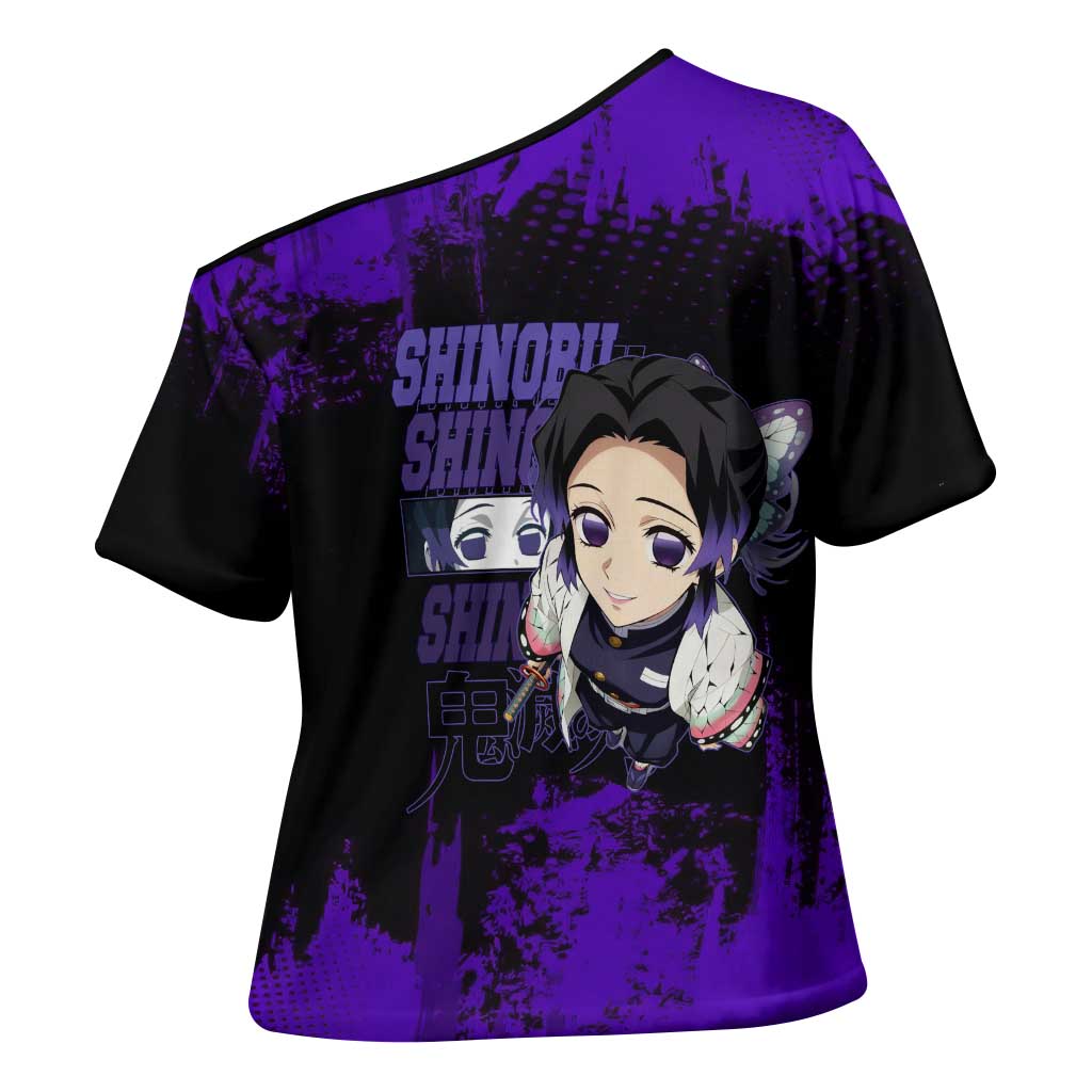 Shinobu Kocho Demon Slayer Purple Grunge Design Cross Shoulder Shirt with Butterfly Theme and Calm Expression - The Mazicc