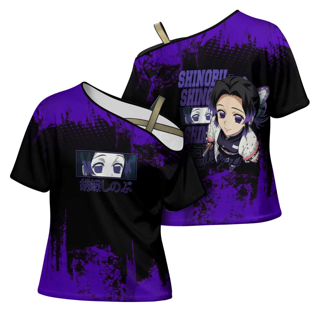 Shinobu Kocho Demon Slayer Purple Grunge Design Cross Shoulder Shirt with Butterfly Theme and Calm Expression - The Mazicc