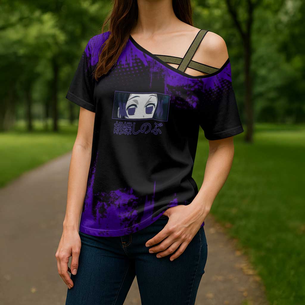 Shinobu Kocho Demon Slayer Purple Grunge Design Cross Shoulder Shirt with Butterfly Theme and Calm Expression - The Mazicc