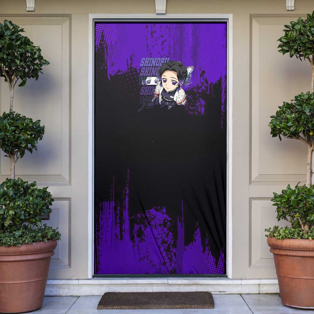 Shinobu Kocho Demon Slayer Purple Grunge Design Door Cover with Butterfly Theme and Calm Expression - The Mazicc