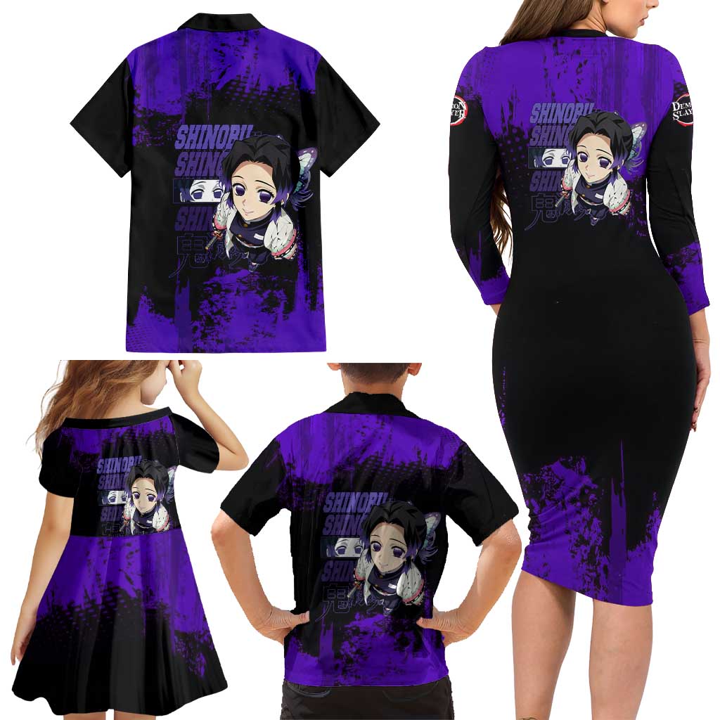 Shinobu Kocho Demon Slayer Purple Grunge Design Family Matching Long Sleeve Bodycon Dress and Hawaiian Shirt with Butterfly Theme and Calm Expression