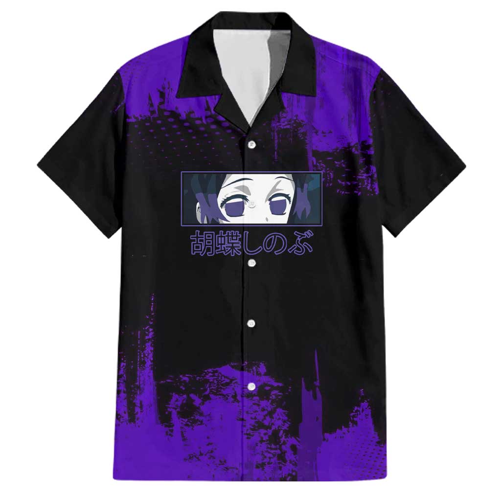 Shinobu Kocho Demon Slayer Purple Grunge Design Family Matching Long Sleeve Bodycon Dress and Hawaiian Shirt with Butterfly Theme and Calm Expression