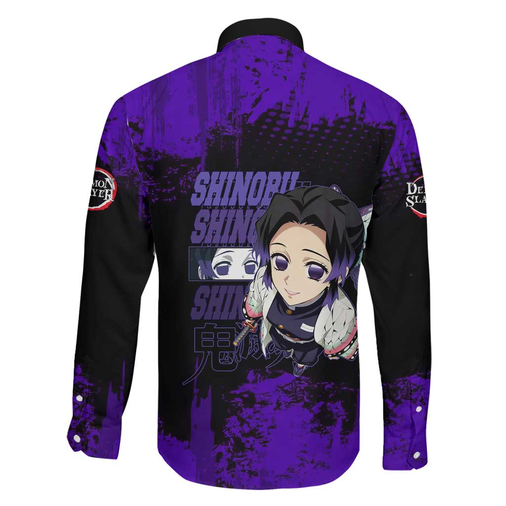 Shinobu Kocho Demon Slayer Purple Grunge Design Family Matching Long Sleeve Bodycon Dress and Hawaiian Shirt with Butterfly Theme and Calm Expression