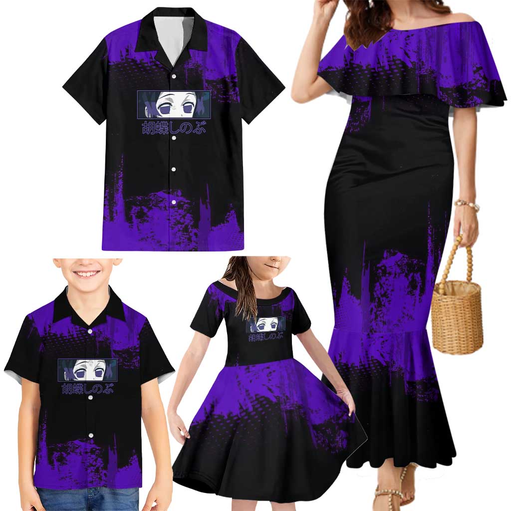 Shinobu Kocho Demon Slayer Purple Grunge Design Family Matching Mermaid Dress and Hawaiian Shirt with Butterfly Theme and Calm Expression