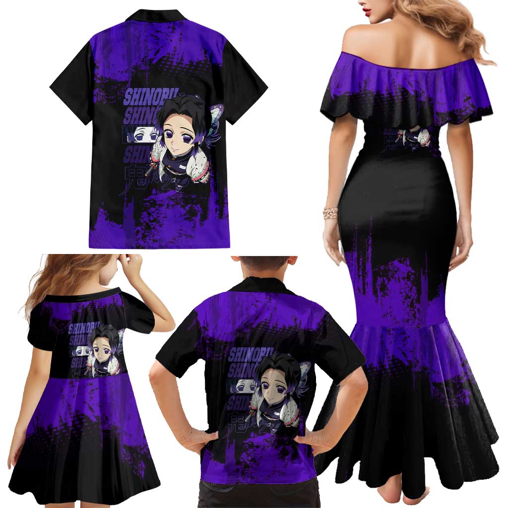 Shinobu Kocho Demon Slayer Purple Grunge Design Family Matching Mermaid Dress and Hawaiian Shirt with Butterfly Theme and Calm Expression